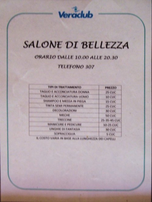 Beauty salon price list