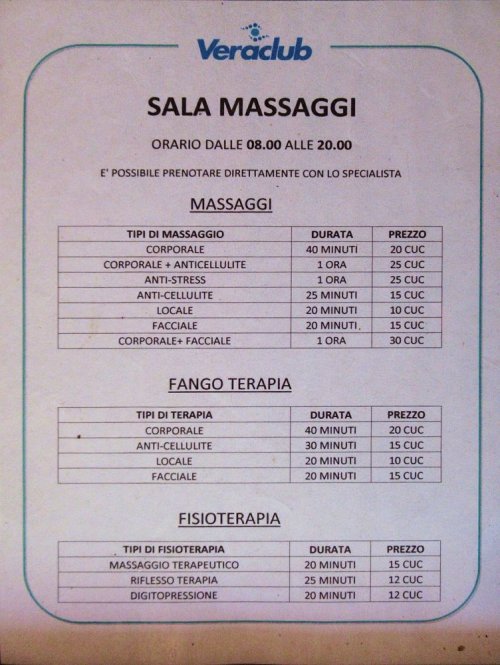 Massage price list